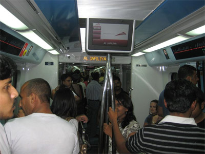Dubai Metro: Inside the train at Al-Jafiliya (a major shopping street).