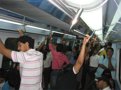 Dubai Metro: Inside a crowded southbound train.