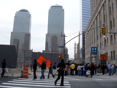 world trade center construction site with crowds of pedestrians