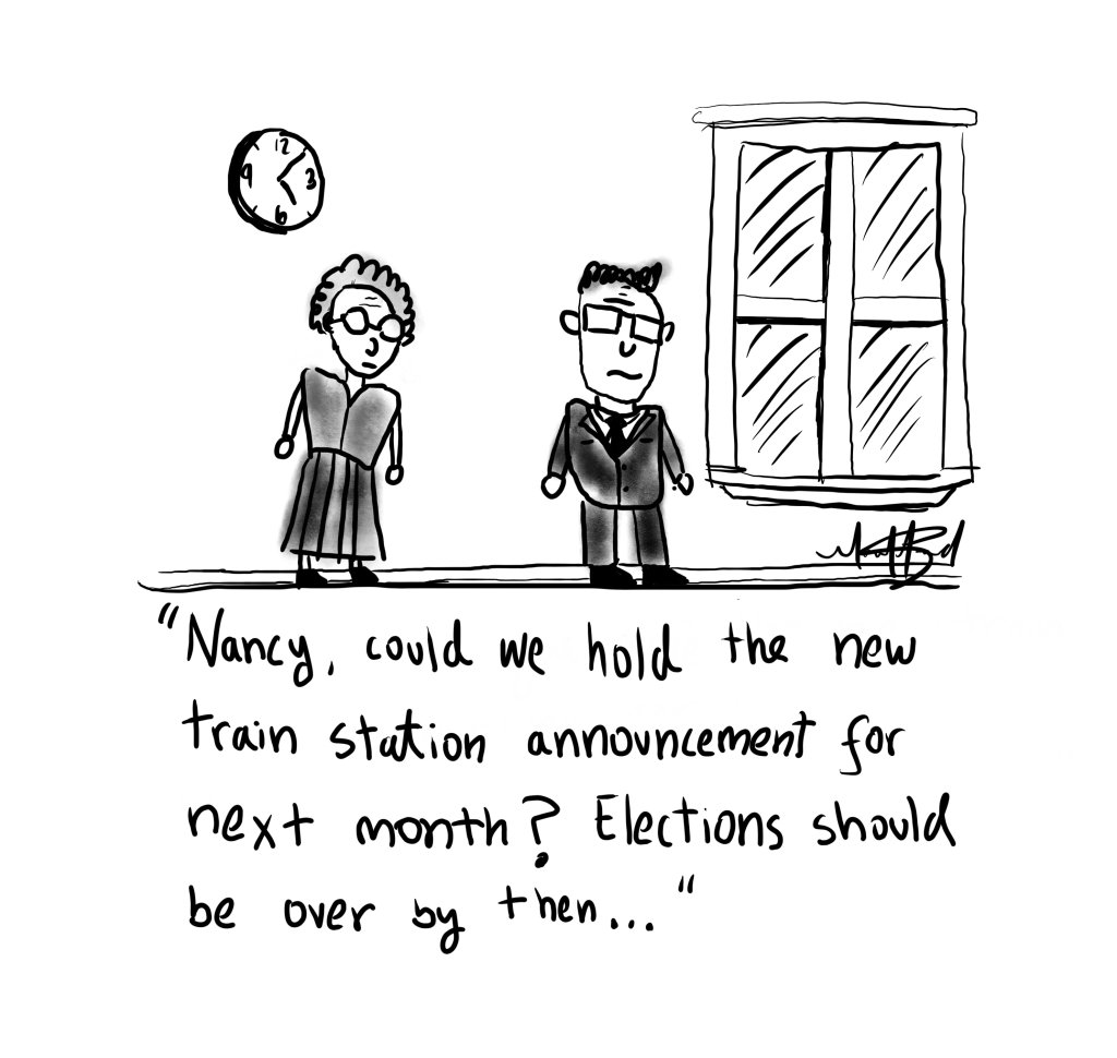 Political cartoon with politician asking assistant to hold public transit announcement until after elections are over.