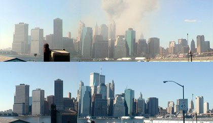 New York City skyline, before and after.