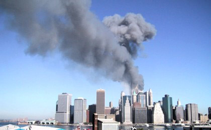 New York Trade Center Towers burning.
