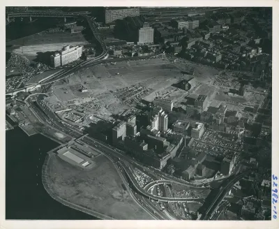 A historoci image of West End Boston, cleared completely of buildings to make way for a massive urban renewal program that would include the city's present-day City Hall.