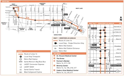 A map of the route the 16 bus takes along 3rd Street across Los Angeles.