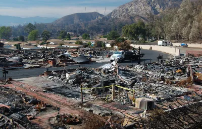 The remains of a mobile home park in Sylmar, California. 480 of the park's 600 mobile homes were burned in the Sayre Fire in November 2008.