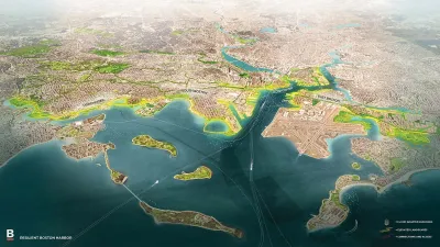 A map of the Boston harbor with locations highlighted that will be vulnerable to sea-level rise.