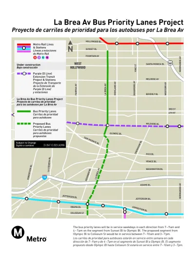 A map of the planned and proposed route of the La Brea Ave Bus Priority Lanes Project in Los Angeles, runn9ing from Sunset Boulevard to the north and the E Line to the south.