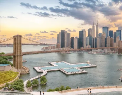 Rendering of plus-shaped floating pool next to Brooklyn Bridge in East River.