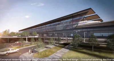 Rendering of proposed modern glass high-speed rail station in Houston, Texas.