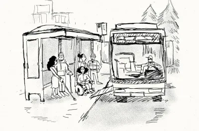 Line drawing of busy streetcar on city street.