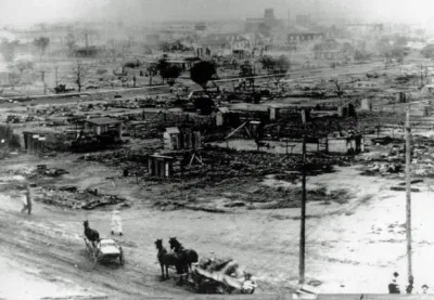 The image shows a portion of the African American neighborhood that was overrun by white rioters May 31-June 1, 1921. With force of numbers and superior weapons, they defeated the black defenders in a number of engagements.