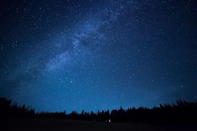 View of dark night sky with visible Milky Way over dark forest.