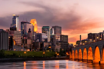 Sunset view of downtown Minneapolis, Minnesota skyline.