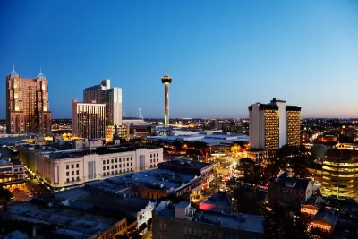 View of downtown San Antonio, Texas at dusk.