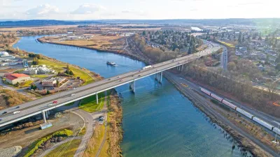 Aerial view of Snohomish River and I-5 bridge in Everett, Washington.