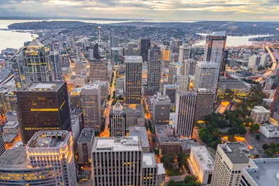 Aerial view of downtown Seattle, Washington at dusk.