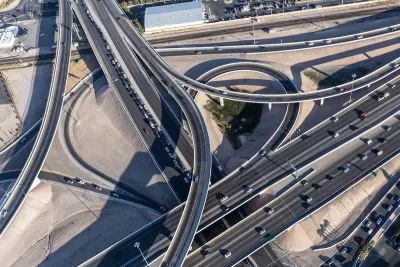 Aerial view of freeway interchange in downtown Las Vegas