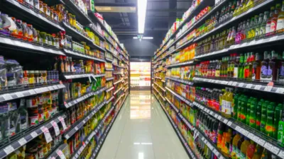 View of grocery store aisle.