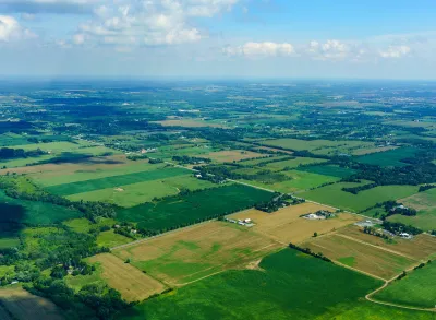 Aerial view of farmland patchwork in Toronto, Ontario, Canada