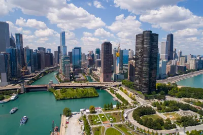 Aerial view of Chicago with river in foreground.
