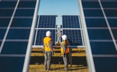 Two workers in white hard hats looking up at large photovoltaic solar panels.