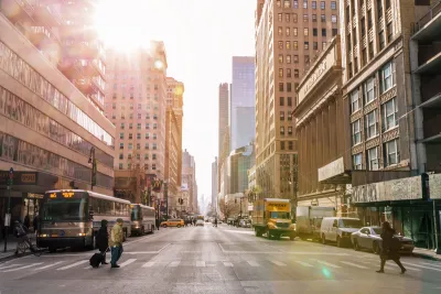 New York City intersection with crosswalk.