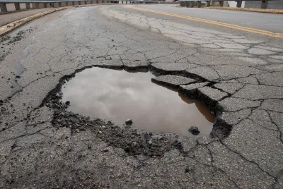 CLose-up of pothole in asphalt road filled with water reflecting grey cloudy sky.
