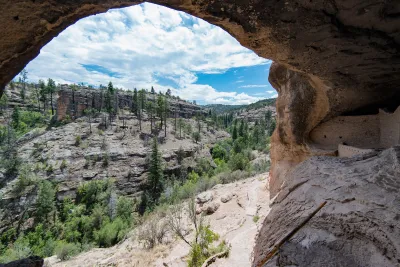 View from inside large cave with ancient Mogollan cliff dwellings in Gila Wilderness, New Mexico.
