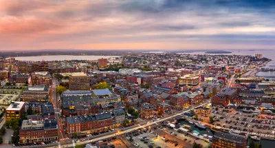 Aerial view of Portland, Maine at dusk.