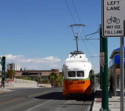 Orange and white streetcar in El Paso, Texas.