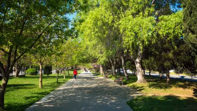 Paved walkway with a few people in lush green city park with large trees and benches.