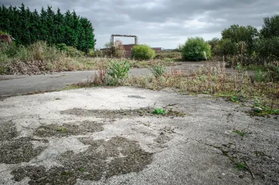 Vacant lot with overgrown concrete foundation