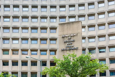 Modernist concrete facade of Department of Housing and Urban Development headquarters building in Washington, D.C.