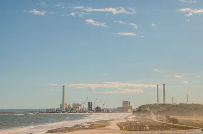 View from a distance of Fukushima Daiichi nuclear plant on the coast n Japan