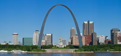 View of Gateway Arch and skyline of St. Louis, Missouri.
