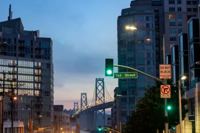Intersection with stoplight and "no right turn on red" sign in San Francisco, California.