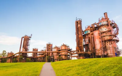 Gas Works Park with old, rusty coal gasification equipment in Seattle, Washington.