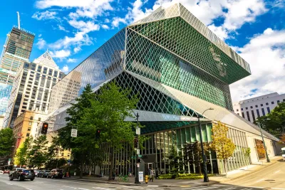 Geometric glass Seattle Public Library building.