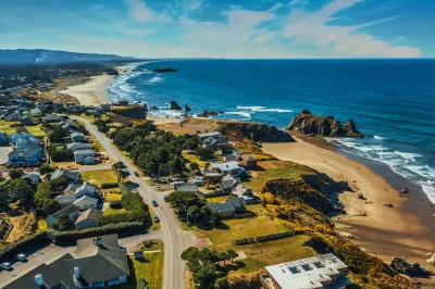 Aerial view of coastal Oregon town.