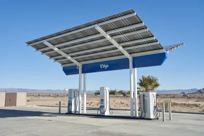 EVgo electric car charging station along Interstate 15 in California desert on the route to Las Vegas.