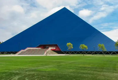 Blue pyramid-shaped stadium on campus of Cal State Long Beach in Long Beach, California.