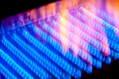 Close-up of multiple lines of blue natural gas flames inside a boiler.