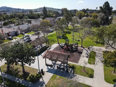 Aerial view of park playground in West Los Angeles, California.