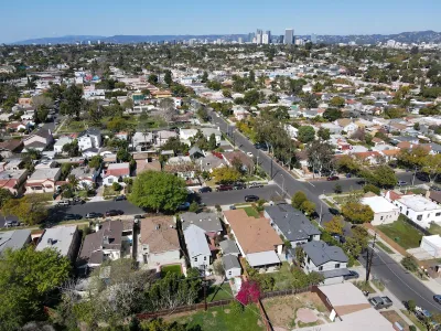 Aerial view of low-rise neighborhood in Los Angeles, California.