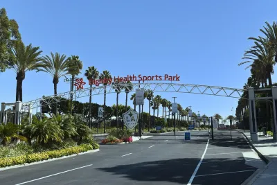 Avalon Boulevard entrance to Dignity Health Sports Park, on the campus of Cal State Dominguez Hills, home to the LA Galaxy of Major League Soccer in Carson, California.