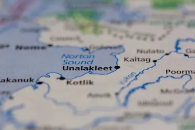 Close-up of Unalakleet, Alaska on map.