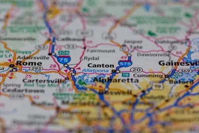 Close-up of map with Canton, Georgia.