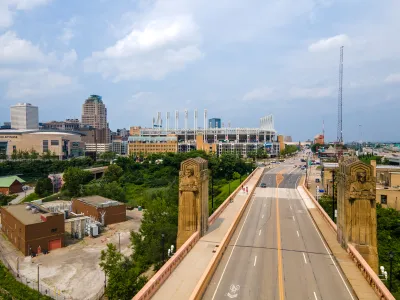 Aerial view of Cleveland bridge with art deco 'Cleveland Guardians' statues