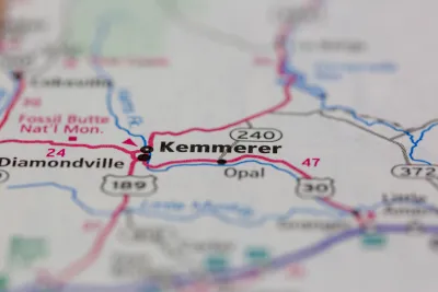 Close-up on map of Kemmerer, Wyoming.