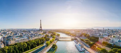 Aerial view of the River Seine and the Eiffel Tower in Paris, France